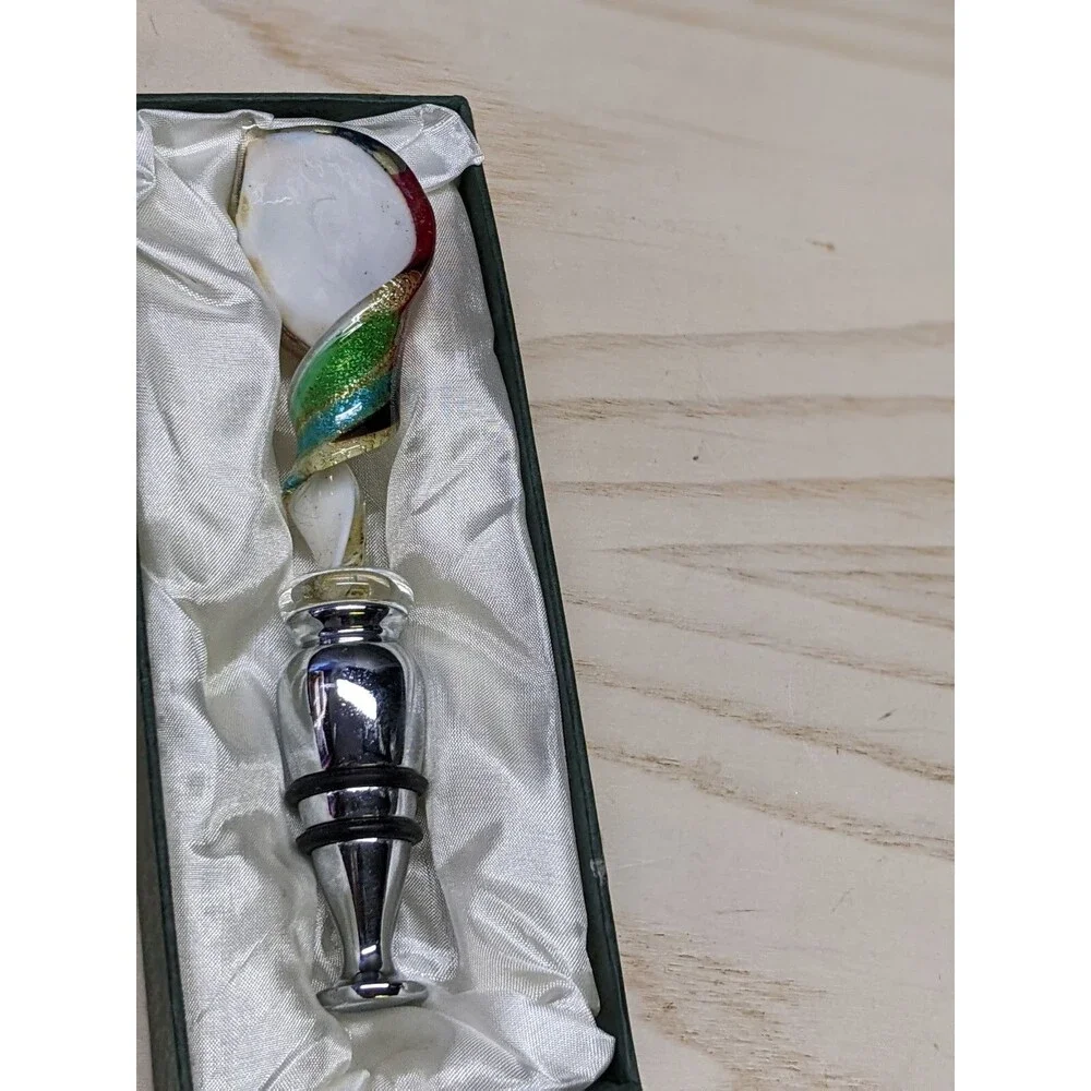 Murano Art Glass Wine Stopper Metal Barware In Box Red Aqua White  Gold specks